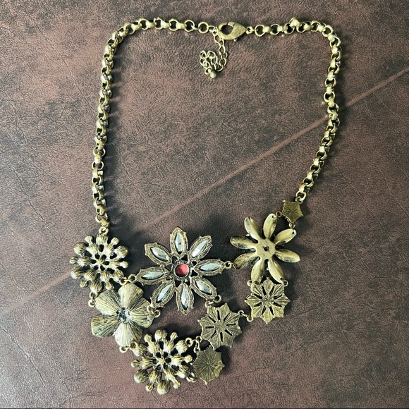 18" Floral Statement Necklace w/ Brass, Pearl, and Gem Detail - Picture 4 of 4